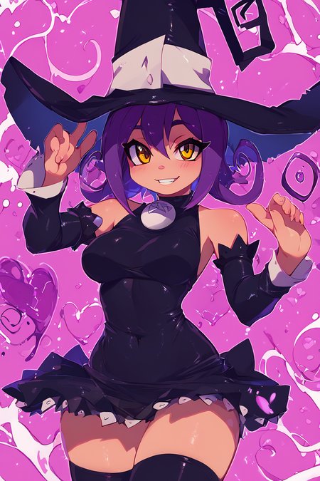 score_9, score_8_up, score_8, medium breasts, (curvy), cute, eyelashes,       BREAK, , zzBlair, 1girl, solo, yellow eyes, purple hair, witch hat, witch, detached sleeves, black short dress, thighhighs,  <lora:Blair_SoulEater_PDXL_v1:1.0>, , BREAK, smile, looking at viewer, cowboy shot, ,,, embedding:zPDXL, Expressiveh, ,,, <lora:Zankuro_Style_PDXL:0.8> <lora:SDXLFaeTastic2400:0.5>, <lora:Expressive_H-000001:0.4>,
