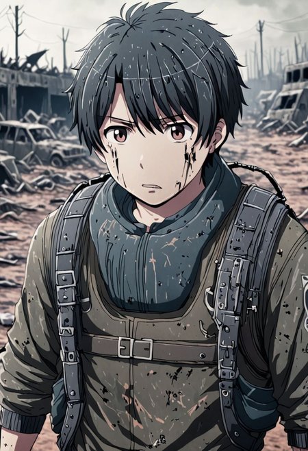 high resolution, solo, best quality, 1Boy, Inaho Kaizuka, Black Hair, shallow depth of field, Post-Apocalyptic, survival, OverallDetail
