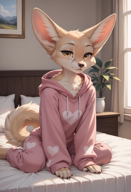 score_9, score_8_up, score_7_up, source_furry, high quality, perfection, detailed, aesthetic, well-lighted,
1girl, solo,
indoors, bedroom,
furry female, anthro, furred body, fluffy fur, beautiful girl, cute girl, adult, youthful, beautiful face, detailed face, perfect eyes, detailed eyes,
fennec, small breasts, yellow eyes, (no hair, hairless, bald), petite girl, shortstack, fluffy tail,
clothed, oversized clothes, pink hoodie, oversized hoodie, heart print, (sleeves past fingers:1.6), very long sleeves, pink sweatpants, baggy sweatpants, oversized sweatpants,
sitting, on bed, leaning forward, looking to side, sleepy, half-closed eyes, uneven eyes,
<lora:princess_xl_v2:0.6>, <lora:p_ami_v10_adafactor:0.4>, <lora:incase-ilff-v3-4:0.5>, <lora:CleanDetailed_Eyes:0.25>, âââ,âââ