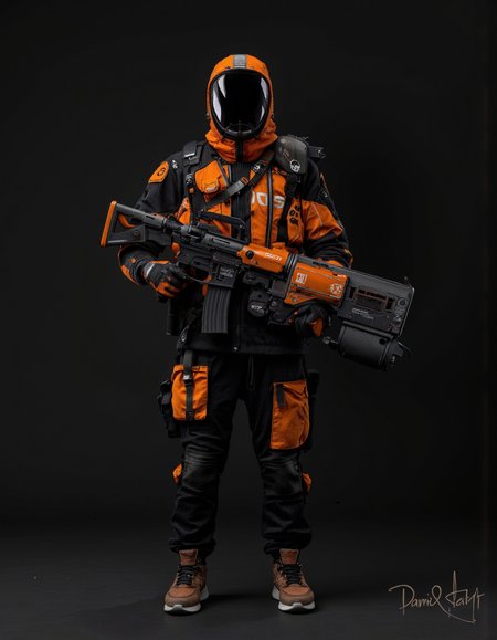 Daniel Hahn art. A photo-realistic shoot from a front camera angle about a humanoid figure wearing a futuristic orange and black outfit with a transparent face shield and holding a large, orange-handled weapon. the figure is positioned in the middle of the image, facing away from the viewer, with its full body visible. the character is wearing a black and orange outfit, consisting of a hooded jacket, pants, and shoes, with black gloves on their hands. the background is a solid black color, providing a stark contrast to the futuristic design of the outfit. the image also shows a signature in the bottom right corner, adding a touch of authenticity to the overall aesthetic.