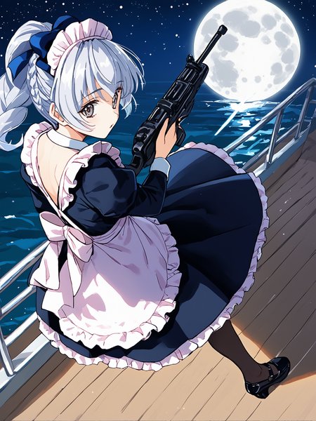 score_9, score_8_up, score_7_up, score_6_up, source_anime, BREAK
1girl, <lora:FMP_Teletha_Testarossa_Pony_v1:1>, (ultra-detailed:1.5), (night time, moon, stars, dark sky:1.5), outdoors, (luxury yacht, standing atop yacht:1.5), ocean,  telethamaid, grey hair, hair bow, grey eyes, crown braid, braided ponytail, hair over shoulder, black footwear, (high heels:1.1), (mary janes:1.5), (black dress:1.2), long dress, brown pantyhose, frills, (maid apron:1.5), maid headdress, long sleeves, white bowtie, (holding weapon:1.5), submachine gun, bullpup, p90, (from above:1.2), pov, standing, looking at viewer, parted lips,