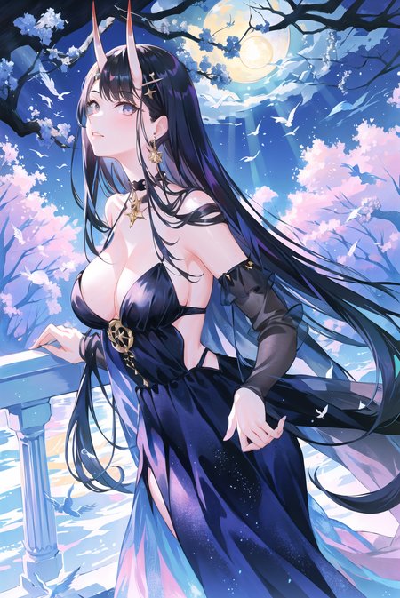 atdan,
1girl, azur lane, bangs, bare shoulders, bare tree, bird, black choker, black dress, black hair, blunt bangs, choker, dress, earrings, full moon, hair ornament, hime cut, horns, jewelry, light rays, long dress, long hair, looking at viewer, moon, moonlight, noshiro \(azur lane\), noshiro \(the gala's sanctuary\) \(azur lane\), oni horns, ruins, sleeveless dress, solo, tree, very long hair, upper body, arms down

, ((masterpiece))

<lora:atdan:0.65>