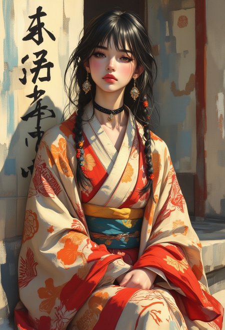 OBxiaoxiang, inksplash portrait of stunning oriental princess stting outside shinto shrine, long hair, sidelocks, bangs, hair ribbon,  earrings, necklace, choker, red and gold kimono, direct gaze, light hitting one side of face, gradient colour background, Japanese kanji