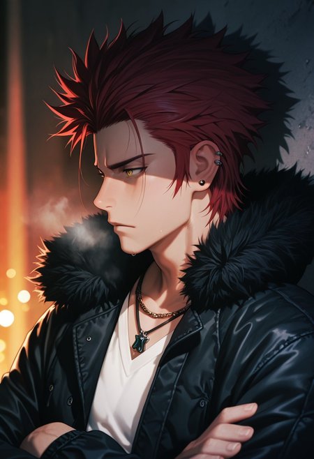 masterpiece, best quality, amazing quality, absurdres, newest, detailed background, definition so sharp, Ultra-HD, 8K cinematic, very awa, impressionate, amazing quality, highres, 
solo, male focus, manly, shadow, shiny skin, bokeh, warm light, light particle,
1boy, spiked hair, short hair, mikoto_red hair, mikoto_yellow eyes, mikotosuoh, black jacket, fur trim, v-neck, white shirt, necklace, ear piercing, crossed arms, calm face, profile, heavy breath, night