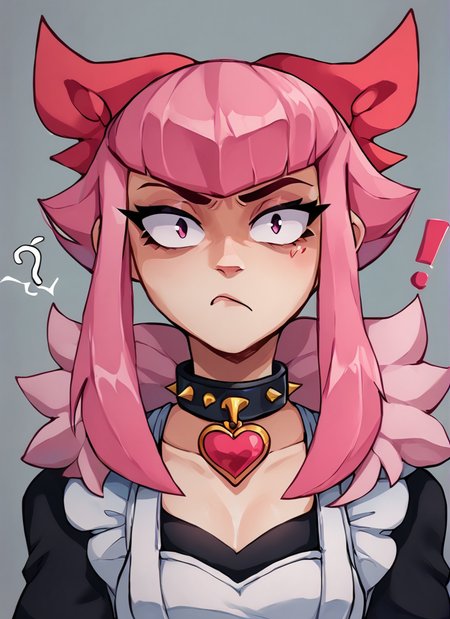 score_9, score_8_up, score_7_up,  <lora:bsmelodie:1>  bsmelodie  , fur trim ,  1girl, solo ,  pink hair,  hair bow  ,black collar ,neck heart   , maid dress , maid  ,  waitress, confused face ,  looking at viewer,