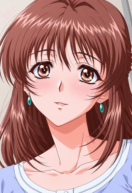 masterpiece, best quality, newest, highres, uncensored, 1girl, yokota mamoru style,1girl, slender face，motion lines,blush
Asaoka Chihiro,Brown Hair, Spiky Bangs, Waist Length Hair,Long Hair,Brown Eyes,Tareme Eyes, Slim,mature female
solo1 girl,Slim solo, open eyes, earrings, jewelry, long hair, blush, close-up,, dutch angle, portrait,happy