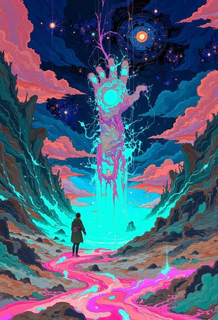 A surreal cosmic landscape featuring a glowing, ethereal catpaw suspended in the starry night sky. The catpaw appears to be melting, with vibrant, magenta and turquoise liquid energy swirling around it. The environment is otherworldly, with jagged glowing lime green crystals and shadowy mountains framing the scene. The sky is alive with stars and nebulas blending hues of deep indigo, purple, and magenta. Clouds tinted with warm bordeaux and crimson contrast the cool tones, adding depth. The flowing liquid radiates a mesmerizing luminescence, creating intricate ripples and light reflections across the ground. The atmosphere feels mystical and infinite, a fusion of cosmic power and ethereal beauty,DB4RZ, DB4RZ style painting
