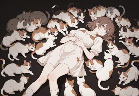 solo, ethereal, 

laying on back, surrounded by cats, 

1girl, blue eyes, short brown hair, calico cat dress, calico cat socks, 

masterpiece, best quality, newest, absurdres, highres,
