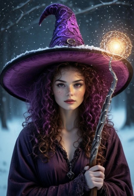 (A beautiful young witch with long curly hair and freckles wearing an oversized purple mushroom hat holding a glowing staff, with an ethereal glow around her in the snow at night, in the fantasy art style, cinematic, hyper realistic, with extreme detail, cinematic lighting, ultra high resolution, portrait photography in the style of fantasy art:1.2) hknature, masterpiece, best quality, highly detailed, sharp focus, dynamic lighting
