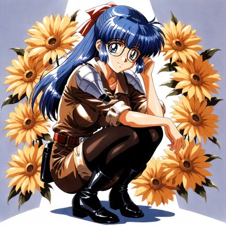 <lora:RC_maria_custardXLanimagine001>,
masterpiece,high score,great score,absurdres,
flower background,glitter,
smile,
looking at viewer,
solo,
anime coloring,retro artstyle,1990s (style),
maria_custard\(rance_series\),1girl,blue hair,half updo,hair ribbon,long hair,blue eyes,glasses,
brown shirt,wide collar,silver shoulder pad,sleeves rolled up,
brown shorts,
black_pantyhose,black boots,
full body,
squatting,