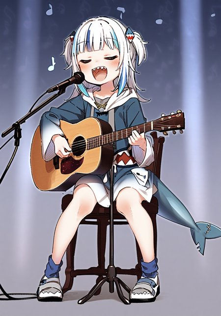 masterpiece, best quality, <lora:style21-a31-000017:1>,1girl, virtual youtuber, gawr gura, grey hair, solo, shark tail, hood, tail, closed eyes, sitting, singing, hood down, musical note, teeth, microphone, fish tail, open mouth, hoodie, two side up, music, multicolored hair, long sleeves, blue hoodie, blue hair, sharp teeth, drawstring, streaked hair, smile, shoes, :d, bangs, hair ornament, eighth note, chair, socks, blush, white footwear, white background, gradient, microphone stand, gradient background, blue background, sleeves past wrists, shark girl, on chair, full body, upper teeth only, two-tone background, long hair, wide sleeves, beamed eighth notes, blue socks, shark hair ornament, beamed sixteenth notes, black socks
