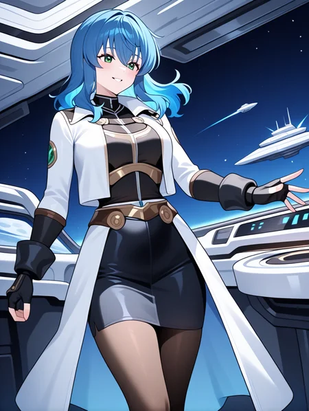perfect quality,best quality,absolutely eye-catching,ambient occlusion,raytracing BREAK
1girl,<lora:maria IL v1.1:0.8>,maria,solo,green eyes,fingerless gloves,blue hair,open jacket,black pencil skirt,pantyhose,black shirt,black long sleeves,separate white coat,breasts plate,space ship,indoors,