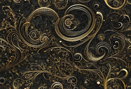 detailed 2D white+gold doodles on black background, crisp edges, merged with a 3D rendition of gassy or bubbly soft-edged shapes in many colors,