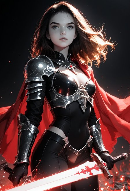 masterpiece, best quality, highres, realistic, best quality,
score_9, score_8_up, score_7_up, 
BREAK,
1 girl, (wearing leather armour:1.2), knight, ((holding long sword:1.4)),
BREAK,
1 girl, castle, battlefield, ((wearing leather armour, warrior princess, stand with a sword, fighting pose, ripped leather)), 19 years old, long hair, windswept cape, brown wavy hair, middle breasts, slim waist, curvy body, cute, (long sword, small breasts), close-up, amazing, very aesthetic, pretty girl, determined, 
BREAK,
(boob focus, head and shoulder photography:1.1), (portrait photography:0.7), dark background, dark light, shallow depth of field, photographed on a Sony a9 II, 50mm wide angle lens, sharp focus, photo in phst artstyle, boris vallejo inspired, backlit, (((selective color red, colorvsgrey, monochrome photography, red cape, selectiveColorStyle))), (1colorpop, dramatic lighting), horror theme, freckles, mole, dirty skin,