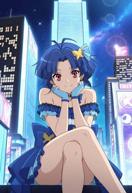 masterpiece,best quality,amazing quality,

solo, 

Am Chouno (Cardfight Vanguard), short hair, blue hair, antenna hair, red eyes,

frilled dress, hair ornament, earrings, dress, idol, off-shoulder dress, bare shoulders, hair ornament, choker, blue gloves, fingerless gloves, blue bow,

looking at viewer, smile, cheeks leaning on arm, 

cinematic, crossing legs, 

Outdoors, night, On top skyscraper, sci-fi city, (galaxy sky:1.2),

Lens flare, bloom, detailed shadow,

Official style, anime screencap, anime coloring,













