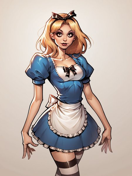 score_9, score_8_up, score_7_up, score_6_up, score_5_up,  <lora:DNXLP:1> dn, alice \(alice in wonderland\), pinup \(style\), solo