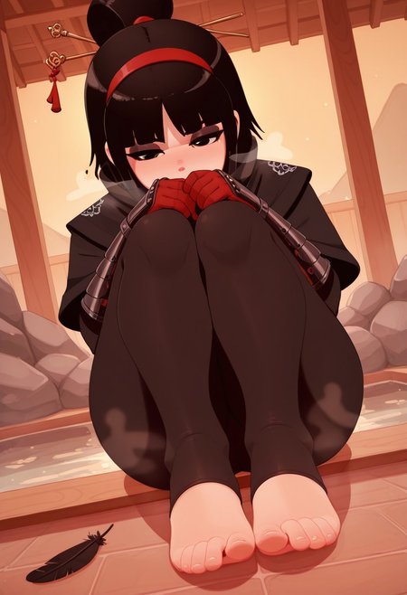 outdoors, undershirt, falling feathers, black bodysuit, hair stick, hugging knees, knees to chest, gauntlets, eyeshadow, red gloves, two sides up, black capelet, red hairband, black eyes, 1girl, solo, feet, visible breath, dynamic angle, foreshortening, smell, steam, onsen, water , nonamoth
