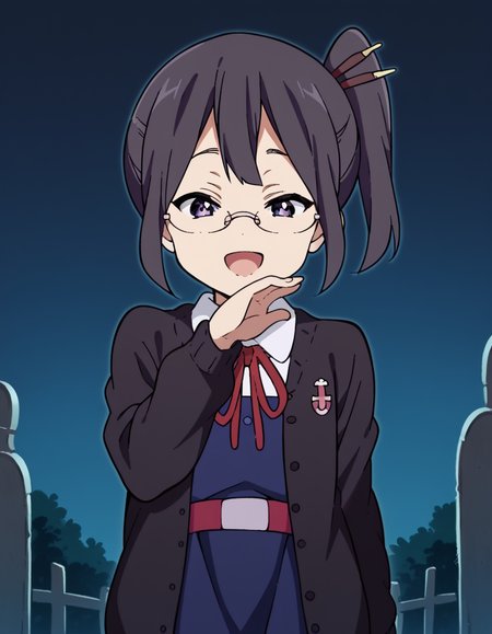 score_9, score_8_up, score_7_up, source_anime, <lora:shiori-asagiri-s1-ponyxl-lora-nochekaiser:1>, shiori asagiri, short hair, black hair, hair ornament, glasses, purple eyes, side ponytail, hair stick,, school uniform, open clothes, cardigan, open cardigan, ribbon, red ribbon, dress, blue dress, black cardigan,, graveyard, tombstones, dark, trees, eerie, , <lora:ojou-sama-pose-ponyxl-lora-nochekaiser:1>, ojou-sama pose, laughing, smug, hand to own mouth, open mouth,, looking at viewer, solo,, dutch angle, cowboy shot
