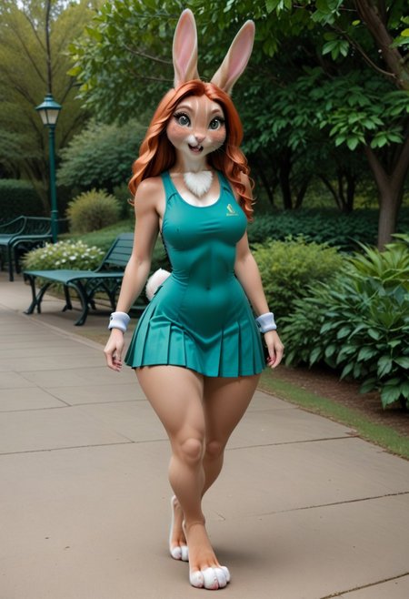 A 35mm photo of a petite beautiful 40 year old redhead, she is an anthropomorphic  rabbit,  rabbit nose,  rabbit teeth,  rabbit face, green rabbit eyes, freckles,  rabbit fur all over her body, walking in a park, she is surrounded by pretty wildflowers,  rabbit tail, petite round hips, soft flat tummy, soft curvy petite thighs,  petite c-cup breasts, wearing a black tennis dress, she is a  rabbit,  rabbit tail, small pawlike hands, digitigrade  rabbit feet, no shoes, brown rabbit fur, tennis dress