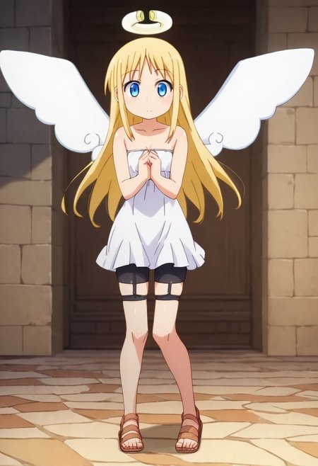 crimvael \(interspecies reviewers\),, blue eyes,blonde hair,long hair,angel,halo,wings,white dress,strapless,bare shoulders,bike shorts,sandals , thighhighs, indoors , standing ,  score_9, score_8_up, score_7_up, ,source_anime, best quality, masterpiece,   , full body view ,   garter straps, collarbone ,  1girl , solo , girl focus ,
