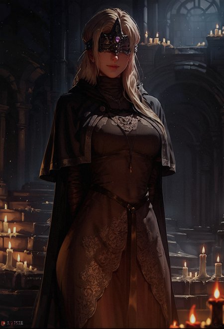 score_9, score_8_up, score_7_up,  1girl, solo, firekeeper, mask, blonde hair, black dress, capelet, hands behind back, looking at viewer, smiling, kind smile, candle, castel, night, curvy, tear-drop breast, perfect body, long dress,    <lora:sinfully_stylish_SDXL> <lora:Expressive_H-000001:0.6> Expressiveh <lora:Firekeeper_Dark_souls_3:0.7> <lora:Concept Art Twilight Style SDXL_LoRA_Pony Diffusion V6 XL:0.6>
