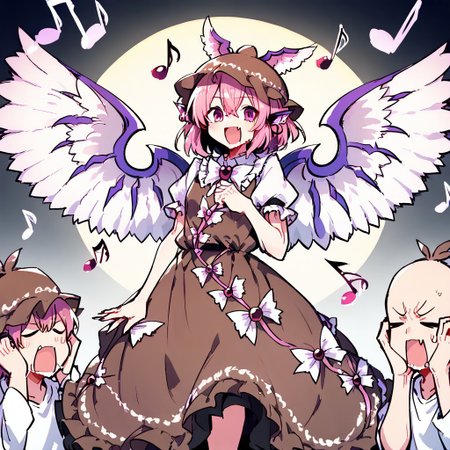 score_9, score_8_up, score_7_up, masterpiece, best quality, detailed, perfect, perfection, vibrant, gorgeous, 
BREAK
mystia, wings, brown headwear, short hair, hat, animal ears, puffy sleeves, dress, pink hair, brown dress, cowboy shot, frills, pink eyes, juliet sleeves, jewelry, shirt, winged hat, bangs, hair between eyes, white wings, white shirt, bird wings, feathered wings, earring, frolled dress, frilled sleeves, 
BREAK
bad singing,crowd,happy,grimace,(hands on own ears:1.2),music,noisy musical note, multiple boys,screaming,closed eyes,blank eyes,holding microphone,