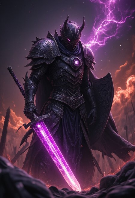 Upper body shot of a dark, menacing mechanical knight engaged in a bosstyle boss battle, captured with the cinenematic style of a 4k movie still. The knight’s battle-worn, intricately designed helmet emits a dull glow from it's eyes and reflects the eerie glow of his weapon—a massive broad sword. The blade crackles with dark energy, gathering ominously at its tip where a glowing orb of dark purple and violet light pulses with immense, destructive power. The energy radiates along the blade, casting a sinister glow that illuminates the knight’s helmet and armor, creating stark contrasts between light and deep shadows.
In his other hand, the knight wields a formidable shield, adorned with reinforced ridges and an arcane sigil. The shield exudes a sense of dread, as if imbued with powerful  magic, amplifying the terror of his presence. The sword’s glow casts intricate shadows across the shield, highlighting its menacing details. The chaotic battlefield around them is set amidst a background of fiery tornadoes intensifying the dramatic clash between the knight and his adversaries.