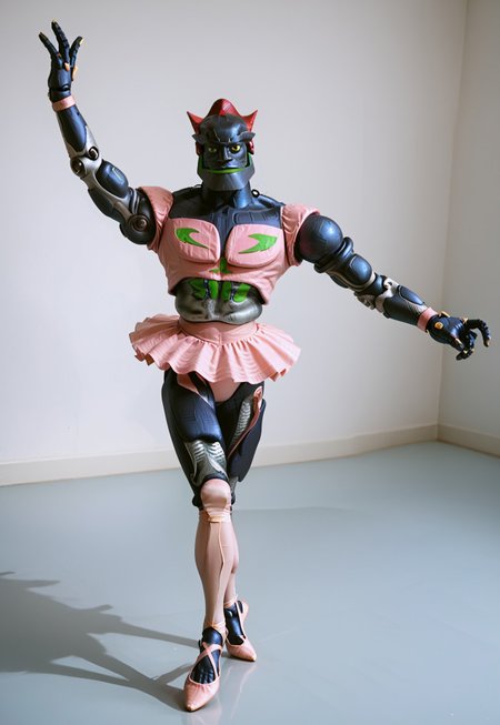 embedding:urn:air:sd1:embedding:civitai:222256@250708, m3g4byt3, humanoid robot, 1boy, solo,  full body, ballerina stance, pink ballerina tights, ballerina pose, dance hall, sexy pose