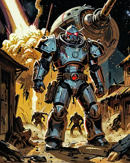 80s action movie set in space, action shot of soldier in power armor fighting off the alien scourge, dust and debris in the foreground, foreshortening,  <lora:The_Pulp_Session:0.7> pulp art style <lora:CulturePunkAI_3:0.6>, CattlePunkAI