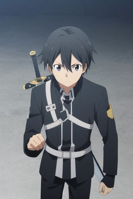 high resolution, professional photography, best quality, 1Boy, Kazuto Kirigaya, Black Hair, Black Eyes, war, virtual world, sword fighting,