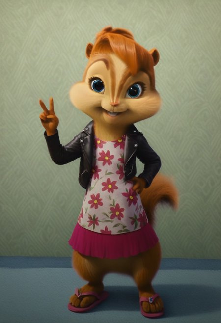 score_9, score_8_up, score_7, score_6, detailed background, indoors , lounge, windows, painted walls, brittany miller, chipmunk, furry, short ears, white floral shirt, black leather jacket, floral mini skirt, sandals, standing, hand on hip, peace sign, looking at viewer, front view, cute smile, 6 inches tall