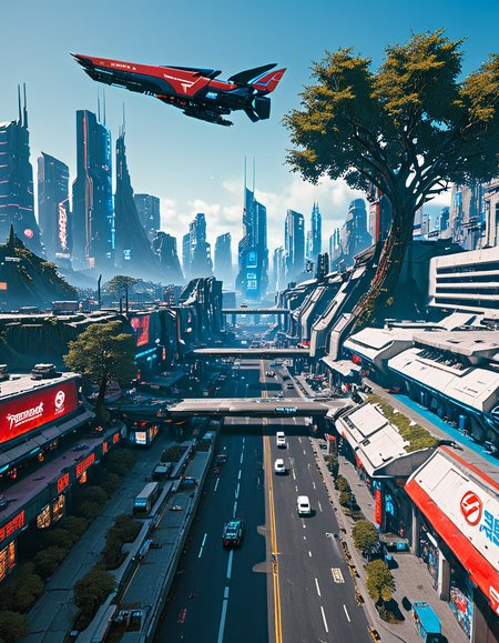 <lora:City_Worlds_01_Effects_xlc:1> photo, citybkg,phot17, cyberpunk traffic, SE14, phot12, very far side view, impressive, low wall, huge tree, buildings under highway, futuristic, blue, shops, ground view, spaceship flying over cyberpunk metropolis, far above view, gold, red war paint,