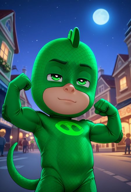 (score_9, score_8_up, score_7_up), highly detailed, cute boy, masterpiece, best quality, high quality, detailed, round face, round eyes, round pupils, shining eyes, petite, flat chested, aged down, cute, kawaii, short, 1boy, solo, Gekko Costume, Green Bodysuit, Green Eyes, Mask, Tail, smug, looking at biceps, flexing arms, at night, muscular, full moon, low angle view, perfect detail, perfect eyes, perfect face, perfect mouth, night time, moonlighting, street, city background, textured costume, bold lines, volumetric lighting, moon in background, ((blurred detailed background)), natural lighting, (ray tracing, good shadows), young