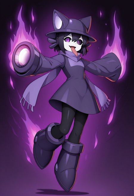 masterpiece, best quality, amazing quality, cniko, black hair, short hair, hair between eyes, whiskers,, cat hat, (black sclera), white skin, purple eyes, slit pupils, purple scarf, black and purple dress, long sleeves, sleeves past fingers, sleeves past wrists, black legwear, xdive, android, robot ears, bodysuit, arms out, looking at viewer, shadow aura, shadow energy, glowing eyes, floating, arms out, shadow hologram behind, crazed pose, crazy expression, head tilted down, flowing hair, full body, boots, weapon, arm cannon, long tongue, mouth open, creepy smile