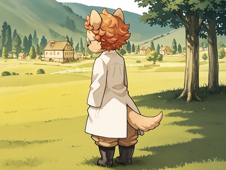 BREAK, <lora:Socks_Million_Illustrious_V1:1>, Socks Million, Fuga: Melodies of Steel, kemono, furry male, young male, 1boy, dog boy, cream fur, orange eyes, orange hair, black nose, animal ears, dog ears, pointy ears, dog tail,
BREAK, Fuga 2 Outift, black boots, khaki pants, green button-up, labcoat, glasses, 
BREAK, solo, full body, outside, rear view, meadow, grass, trees, village, standing