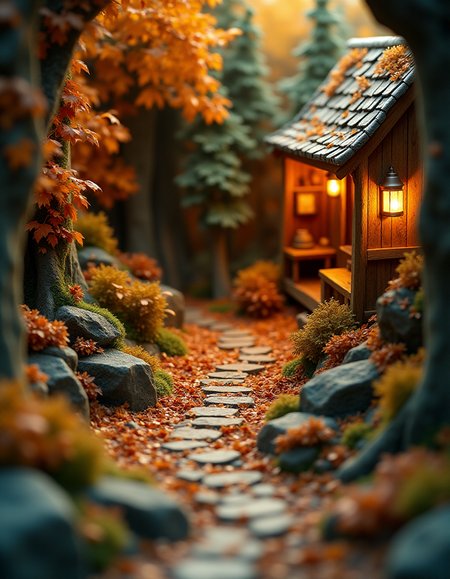 (indoor,very wide isometric view,tilt-shift lens:1.6), (miniature,diorama,no_realistic,no_photo:2) of (stasis _chamber:1.5), autumn wonderland