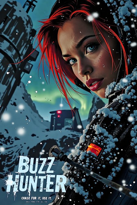 A **spy-thriller action movie poster**, featuring **a frostbitten close-up portrait of Rayne from BloodRayne**, snowflakes clinging to her eyelashes as she grips an ice-coated arm blade. Behind her, a high-tech arctic fortress looms under the aurora borealis. Her breath is visible in the frigid air, her expression unreadable. The **movie title "BUZZ HUNTER"** is displayed in cracked ice typography, with the tagline: **"Chase for it. Use it. Thx all."** **Art style:** spy-thriller, cinematic portrait, Arctic espionage aesthetic.