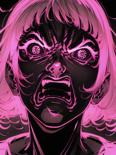 score_9, score_8_up, score_7_up, score_6_up, score_5_up,  <lora:neonXLP:1> neon, solo, 1girl, monochrome, style parody, teeth, parody, bangs, portrait, open mouth, angry