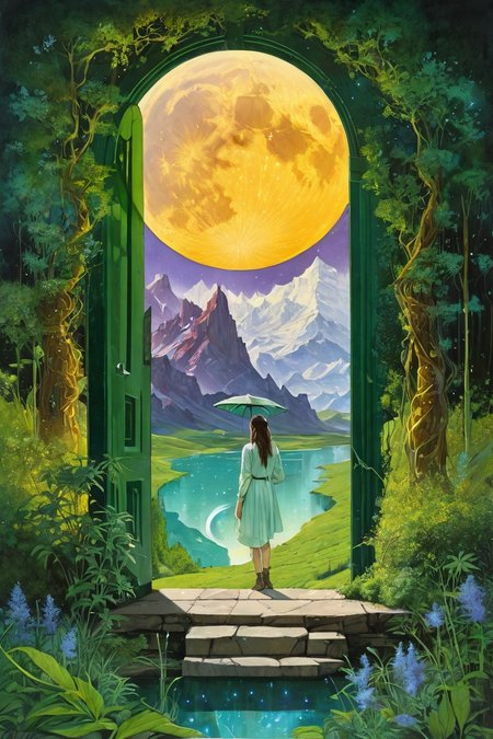 Landscape,Landscape creator,Door to other world,portal \(object\) to other world,  Mountains draped in velvet auroras peak sanctuaries floating above gravity wells,  a permanent solar eclipse with neon-limned corona, Hedges of marijuana plants generating localized time dilation, eternal monsoon with rains rewriting topography, swarm of fireflies weaving tapestries, Art painting by Tran Nguyen and Moebius , ,,
<lora:extremely_detailed:0.7> extremely detailed ,
<lora:add-detail-xl:0.7>,
 <lora:softdigital2x2:0.15>,
 <lora:EpicF4nta5yXL:0.3>,, Magic realism painting art style, surreal compositions, vibrant colors, blurs the line between reality and fantasy