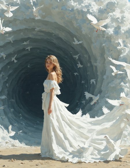 The image portrays a surreal scene of a woman standing at the center of a spiraling storm of white doves, her elegant gown seamlessly morphing into the birds in flight. The composition merges serenity with motion, as the birds form a hypnotic vortex into a dark tunnel behind her. Rendered in soft whites, muted grays, and warm golden hues, the image evokes a dreamlike sense of transformation, peace, and otherworldly beauty. The visual flow and symbolism suggest themes of inner liberation, grace, and transcendence.