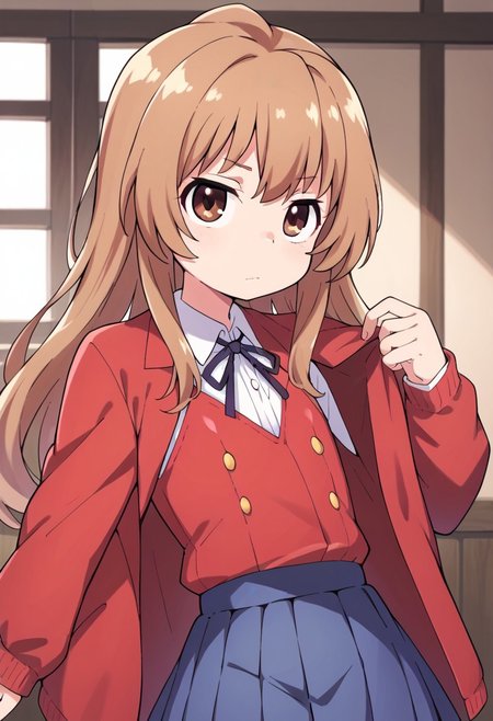 (zPDXL3), 
(zPDXLxxx), 
hiroki, 
1girl, 
solo, 
Aisaka_Taiga
brown_eyes, brown_hair, long_hair, flat_chest, pleated_skirt, blue_skirt, white_shirt, collared_shirt, black_thighhighs, black_ribbon, neck_ribbon, jacket, red_jacket,
side view, 
bust up,