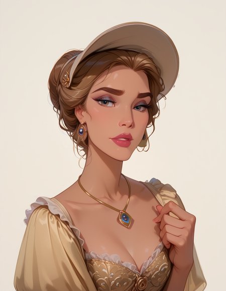 <lora:Disney_Style:.9> <lora:princess_xl_v2:.75> <lora:add-detail-xl:.9> <lora:g0th1cPXL:.3> <lora:Cherry-Gig:.45> <lora:Expressive_H:1> <lora:PLASTT_PonyV6:1> <lora:Elizabeth_Swann_ZairaSass_v1:0.8> score_9, score_8_up, score_7_up, zPDXL, DisneyRenstyle, score_9,score_8_up,score_7_up,score_6_up, 
(white background, plain background, ambient light), (standing, 3/4 view), 
1girl, solo, sexy 18 year old, british girl, (Elizabeth Swann, Port Royal), perfect face, beautiful face, defined cheekbones, defined jawline, light brown hair, big updo, large hairbun, thick dark eyebrows, dark brown eyes, dark lashes, thin lips, nude colored lips,  
confident expression, narrow eyes, one hand on hip, perfect hands, 5 fingers, slender waist, 
Victorian dress with white frills, bonnet hat, earrings, necklace,