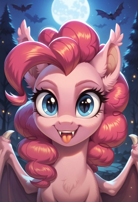 score_9, score_8_up, score_7_up, score_6_up, score_5_up, score_4_up, my little pony, solo, pony, feral pony, bat pony, pinkie pie, bat wings, fangs, moon, forest, night, look at you, happy, tongue, city background, castlevania, 1girl, beautiful, detailed, (detailed cute pony face), detailed eyes, detailed fur, beautiful, vector, flat colors, (beautiful long eyelashes), ((close-up)), high angle