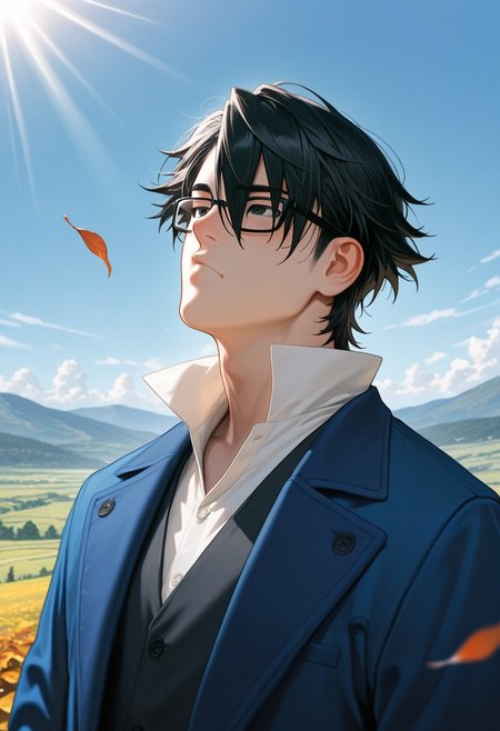masterpiece, best quality, amazing quality, absurdres, newest, detailed background, definition so sharp, Ultra-HD, 8K cinematic, very awa, impressionate, amazing quality, highres, d10w21ll,
solo, male focus, manly, mature male, bara, day, blue sky, outdoor, sunbeam, windy, flying leaf, 
1boy, short hair, glasses, saruhikofushimi, saruhiko_black hair, saruhiko_black eyes, blue coat, collared shirt, o3o, depth on field, upper body, focus on scene, landscape, wide angle perspective