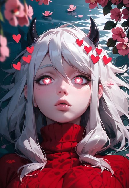 score_9, score_8_up, score_7_up, Expressiveh, 1girl, modeus (helltaker), light skin, lake, looking at the viewer, ((best eyes)), face, laying, ((close-up)), (explicit), (best quality), Cherry blossom, pink eye, (red sweater, long sleeves),  eyes focus, pupils , big breasts,expressionless,heart-shaped pupils, heart