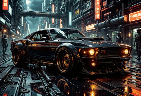 midnight. A heavily modified cyberpunk muscle car stands in the middle of a neon-soaked city street at night, its glossy black surface reflecting the vibrant orange and red neon signs surrounding it. The car is low and aggressively wide, equipped with exaggerated body kits, sharp angular fins, and glowing accents that pulse with energy. Its headlights emit a fiery orange glow, matching the illuminated rims of the massive wheels, which are fitted with futuristic low-profile tires. The urban background is a dense cyberpunk cityscape with towering buildings, glowing advertisements in Japanese-style text, and dimly lit alleys. The slick, rain-soaked asphalt reflects the glowing city lights, amplifying the atmosphere of a gritty yet futuristic metropolis. A few shadowy figures in futuristic armor patrol the street, adding a sense of mystery and tension to the scene. <lora:flux.1_lora_flyway_Epic-detail_v2.safetensors:0.3>,  <lora:The_Dark_Side_Of_The_Future.safetensors:0.38>,  <lora:ck-skynet-000019.safetensors:0.3>,  <lora:Giger_2_0.safetensors:0.2>,  <lora:aiai-Glimra-Flux-Dev-v2.safetensors:0.75>,