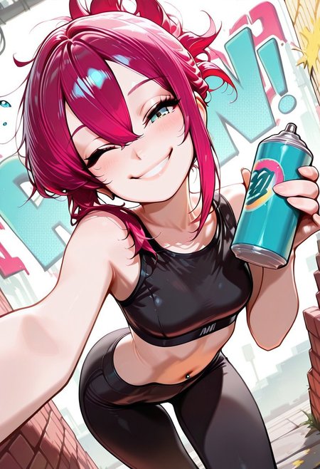 masterpiece, best quality, 32k, high resolution, absurdres, HD32k, masterpiece,  In the style of Jedppa, popart, Yara, YaraRH, Adult girl, magenta hair,  , hair_between_eyes, sidelocks_tied_back, almond eyes, small mouth, slim, small breasts, flirty, detailed lips, detailed eyes, expressive, Dutch angle, looking at the viewer, red tint, dynamic pose, cowboy shot, sports bra, navel piercing, leggings, brick wall, graffiti, holding spray can, paint drops, smiling, front view, winking, bent over,