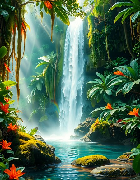 A stunning and tranquil view of a jungle waterfall cascading down smooth, moss-covered rocks into a crystal-clear pool below. The scene is surrounded by dense, lush greenery, with towering tropical trees and vibrant, oversized ferns creating a natural canopy that filters sunlight into dappled patterns on the forest floor. Brightly colored flowers in shades of red, orange, and purple add splashes of color among the greenery, while vines and roots wind their way around the rocks and trees. Mist rises from the base of the waterfall, catching the sunlight and creating a soft, ethereal glow, with a faint rainbow visible in the spray. Exotic birds with iridescent feathers can be seen perched on branches, and the faint sound of distant animal calls adds to the sense of a thriving, untouched paradise. The overall atmosphere is serene, magical, and vibrant, capturing the untamed beauty of nature.<lora:SDXLFaeTastic2400:0.4> <lora:extremely_detailed:0.4> extremely detailed, <lora:Jungle_w4t3rf4ll:1>,Jungle w4t3rf4ll, Masterpiece,best quality,hi res,8k,hi res,8k,award winning,(sharp focus, intricate, highly detailed),