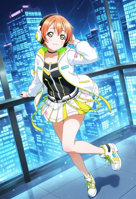 masterpiece, best quality, solo, 1girl, aged up, happy, :3, 
 rin_hoshizora, hoshizora_rin, short hair, pixie cut, orange hair, yellow eyes, jacket, futuristic idol costume, neon-trimmed jacket, holographic skirt, tech headphones, glowing sneakers, sci-fi stage with digital grids, city skyline at night, light trails, fast-paced and electrifying vibe, playful expression