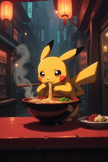 At a small food stall nestled between towering buildings, Pikachu perches on a high stool, his tiny paws wrapped around a steaming bowl of ramen. The golden broth shimmers under the warm glow of hanging lanterns, reflecting in his wide, eager eyes as he carefully lifts a single noodle with a pair of comically oversized chopsticks. The air is thick with the scent of sizzling meat, fresh scallions, and the faint smokiness of a nearby grill, blending into the quiet hum of the nighttime city. The red counter is worn smooth from years of hungry customers, and Pikachuâs tiny plate of pickled vegetables sits untouched beside him, waiting for the perfect moment. The steam curls around his face, making his cheeks feel warm, even as a soft night breeze brushes through the alleyway. He sighs in quiet satisfactionânothing beats a hot bowl of ramen after a long day. , detailed background  Fantastic lighting. Detailed shadows.intricate details, vivid colors, hyper-detailed, ultra-sharp, , <lora:aesthetical-000003:0.15><lora:aidmaNSFWunlock-FLUX-PonyStyle-v0.1:0.15><lora:Flux-jijia:0.1><lora:GLSHS:0.6>